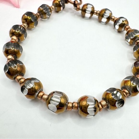 Cut Glass Round Bead Bracelet Copper Tone Electroplated Toggle Clasp 8” Length - Picture 2 of 11